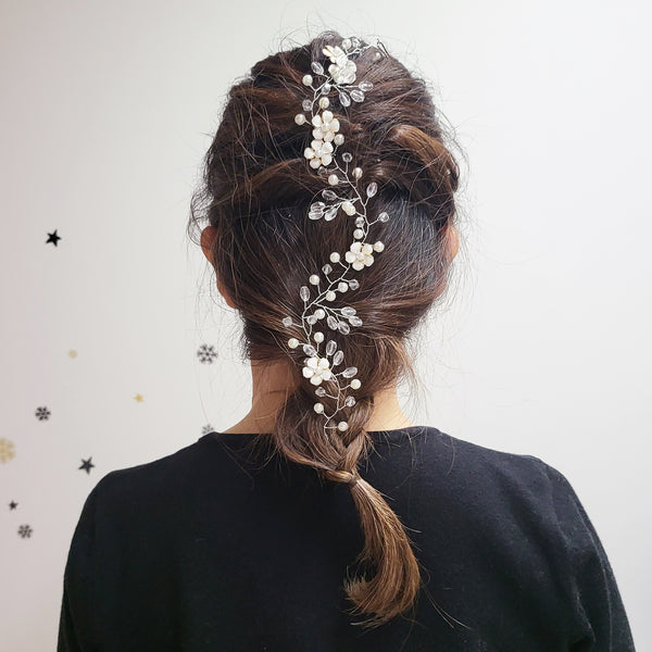 Bridal Hair Vine with White Enamel Flowers