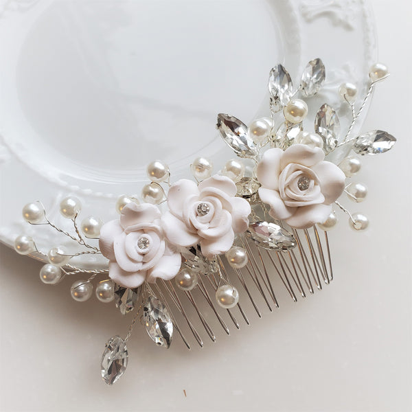 Bridal Hair Comb with White Ceramic Flowers