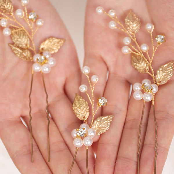 Gold Leaf Hair Pins with Pearls