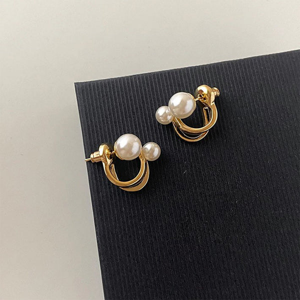 Gold Double Loop Pearl Earrings