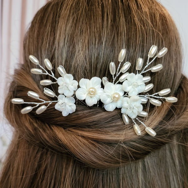 Silver Pearl Floral Bridal Hair Comb