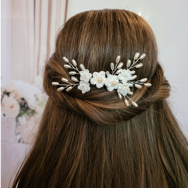 Silver Pearl Floral Bridal Hair Comb