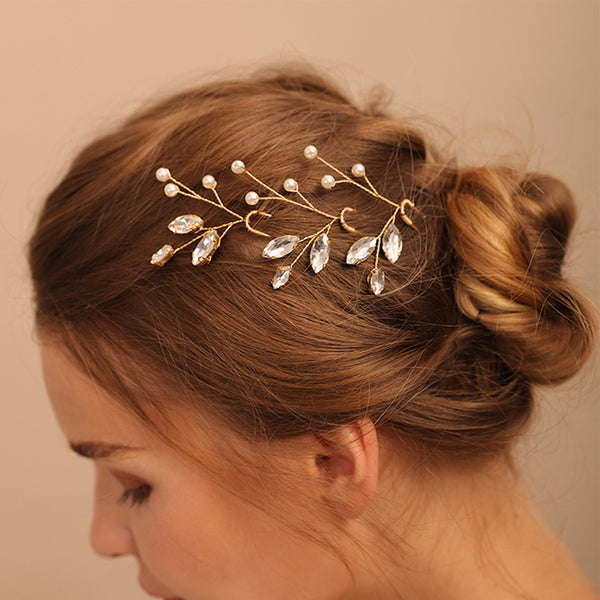 Delicate Pearl Gold Leaves Bridal Hair Pins