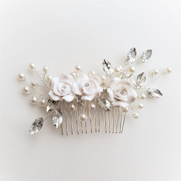 Bridal Hair Comb with White Ceramic Flowers