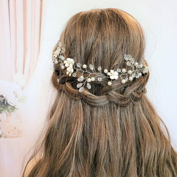 Bridal Hair Vine with White Enamel Flowers