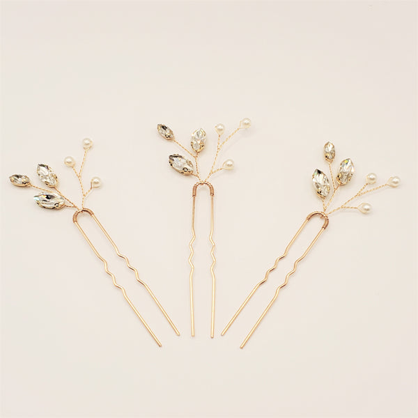 Delicate Pearl Gold Leaves Bridal Hair Pins