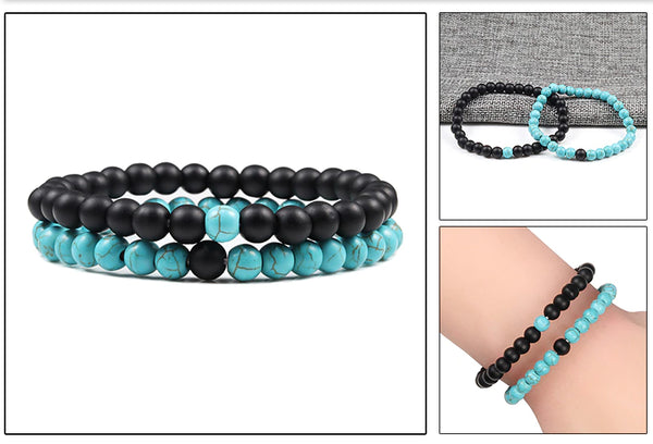 Distance Bracelets - Black & Blue Turquoise Matching Set