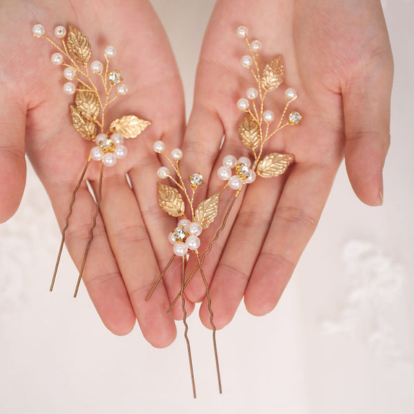 Gold Leaf Vine Pins with Pearl and Crystal Flower