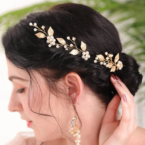 Gold Leaf Hair Pins with Pearls