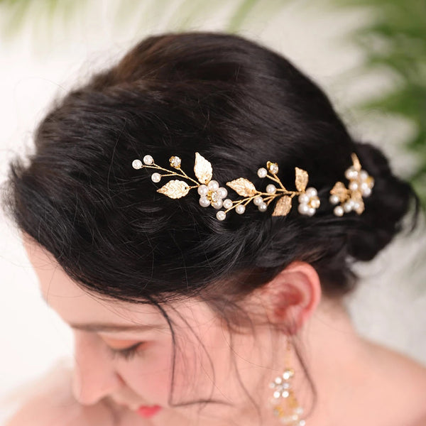 Gold Leaf Vine Pins with Pearl and Crystal Flower