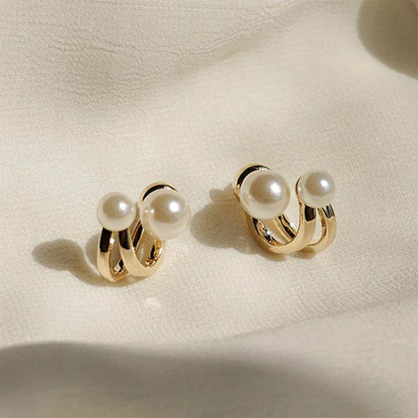 Gold Double Loop Pearl Earrings