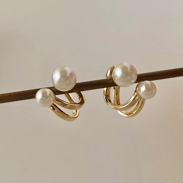 Gold Double Loop Pearl Earrings