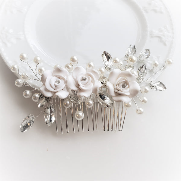 Bridal Hair Comb with White Ceramic Flowers