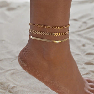 Gold Anklet Set - Chain, Leaf, and Herringbone