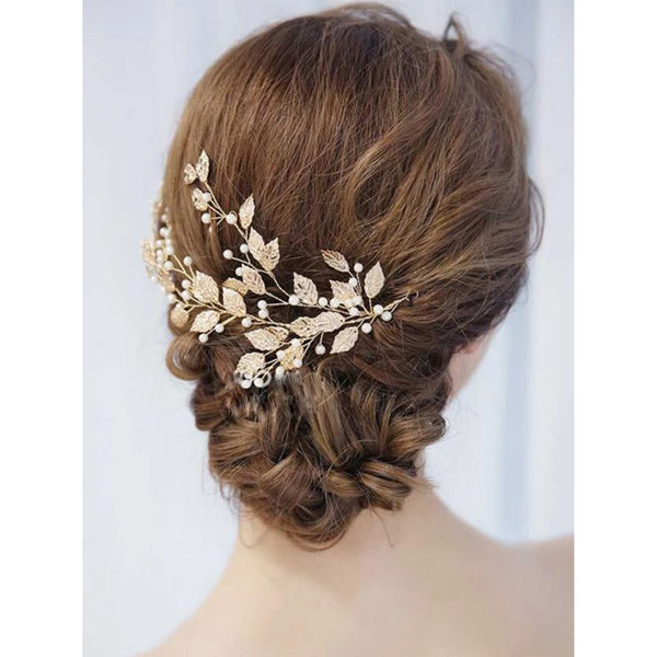 Bridal Hair Vine with Leaves and Pearls