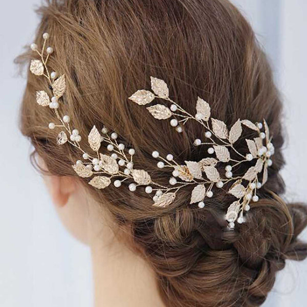 Bridal Hair Vine with Leaves and Pearls