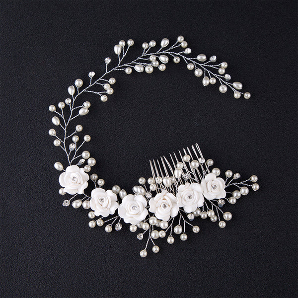 Bridal Hair Comb - White Ceramic Roses with Pearls
