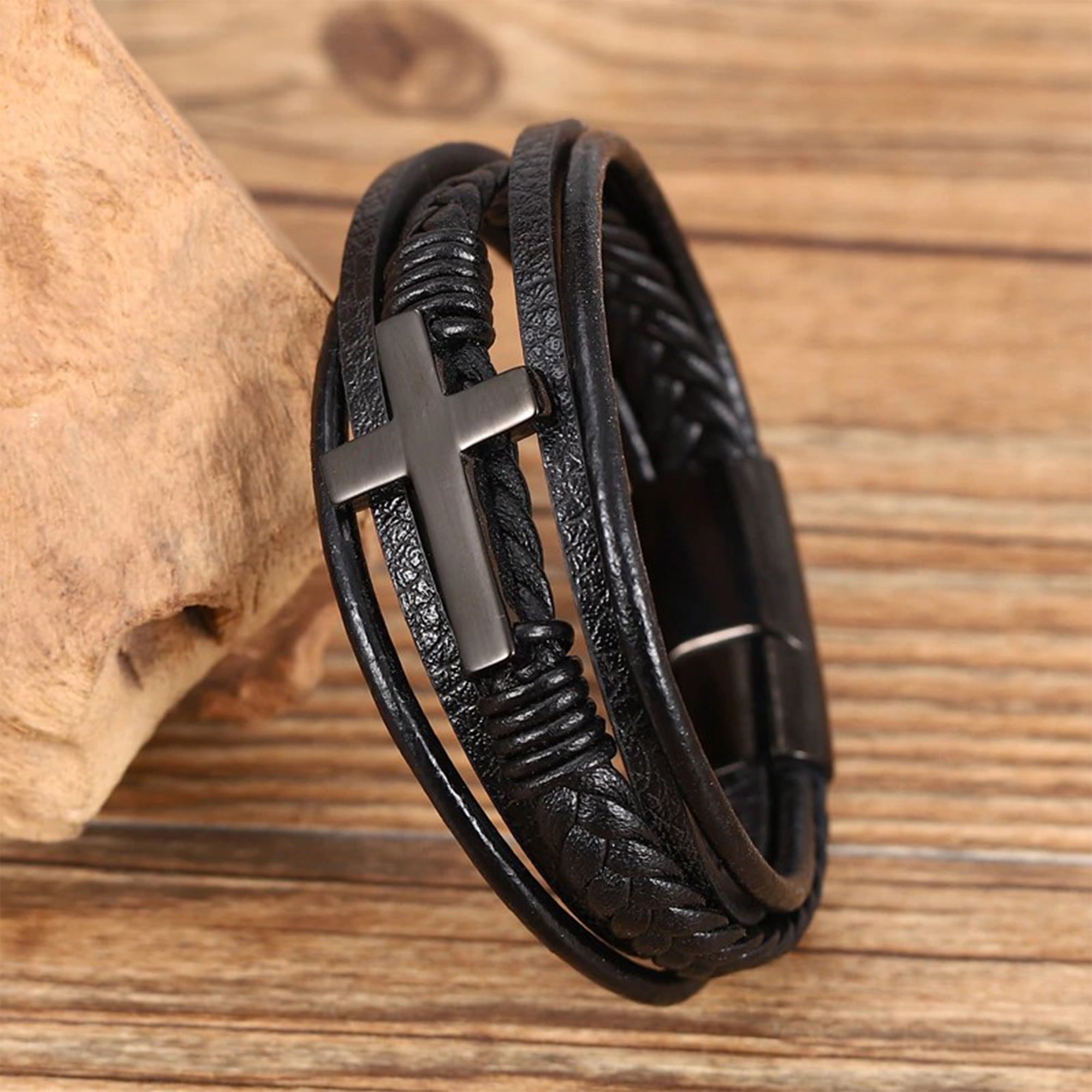 Men's Leather Bracelet with Cross